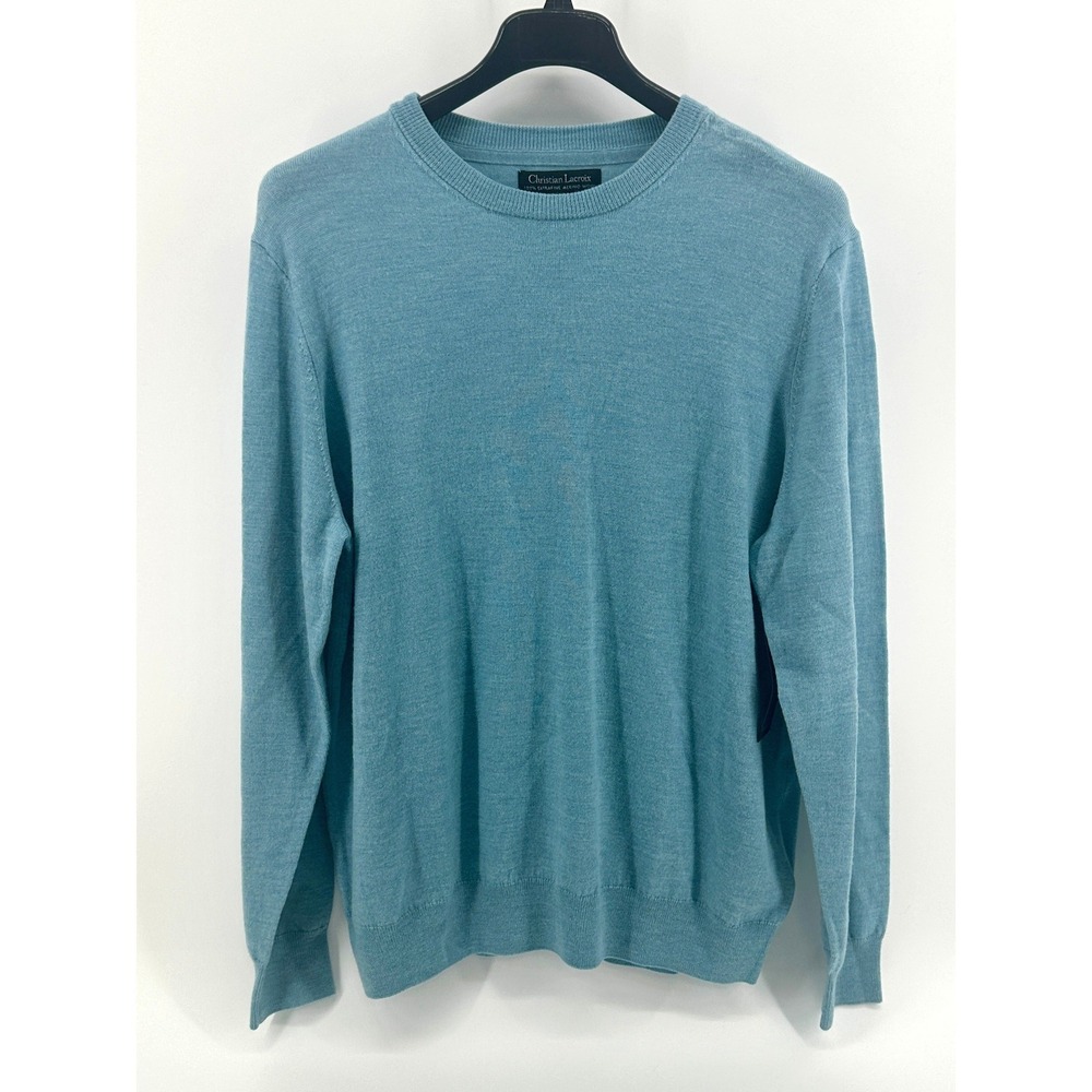 Christian Lacroix Sweater Mens XL Blue Solid Extra Fine Merino Wool Soft New